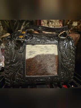 Black Tooled Leather Speedy with Brown and White Hair-on-Hide Panel
